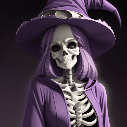 AI generated: a female skeleton wizard wearing a purple wizard hat, purple robes, anime style
