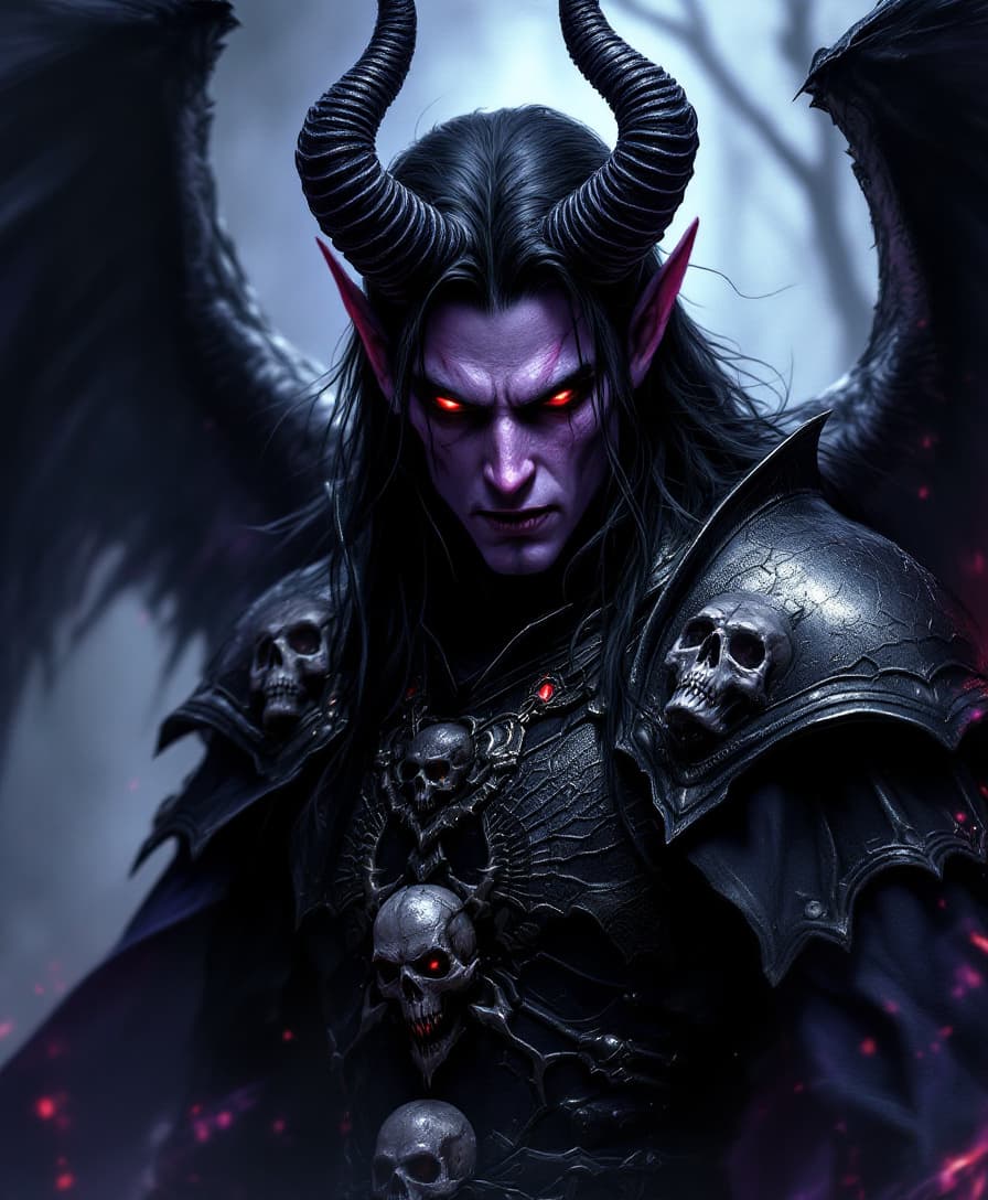 AI generated: His skin dark  purple, eyes burning red, fangs like vampire. with Demon influences and Angel like tr...