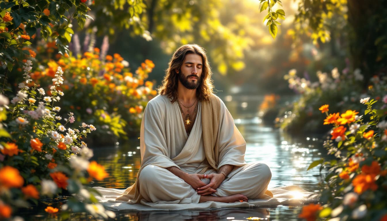 AI generated: in royal garden jessus in zen meditaion..serenity 
,serenity,surrounded by divine light in a medieva...