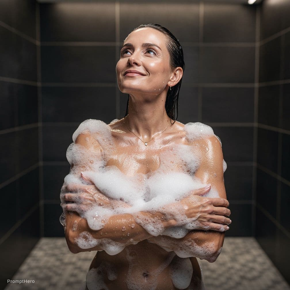 AI generated: The image shows an adult woman in a tiled shower area. She is wet and covered with soap suds across ...