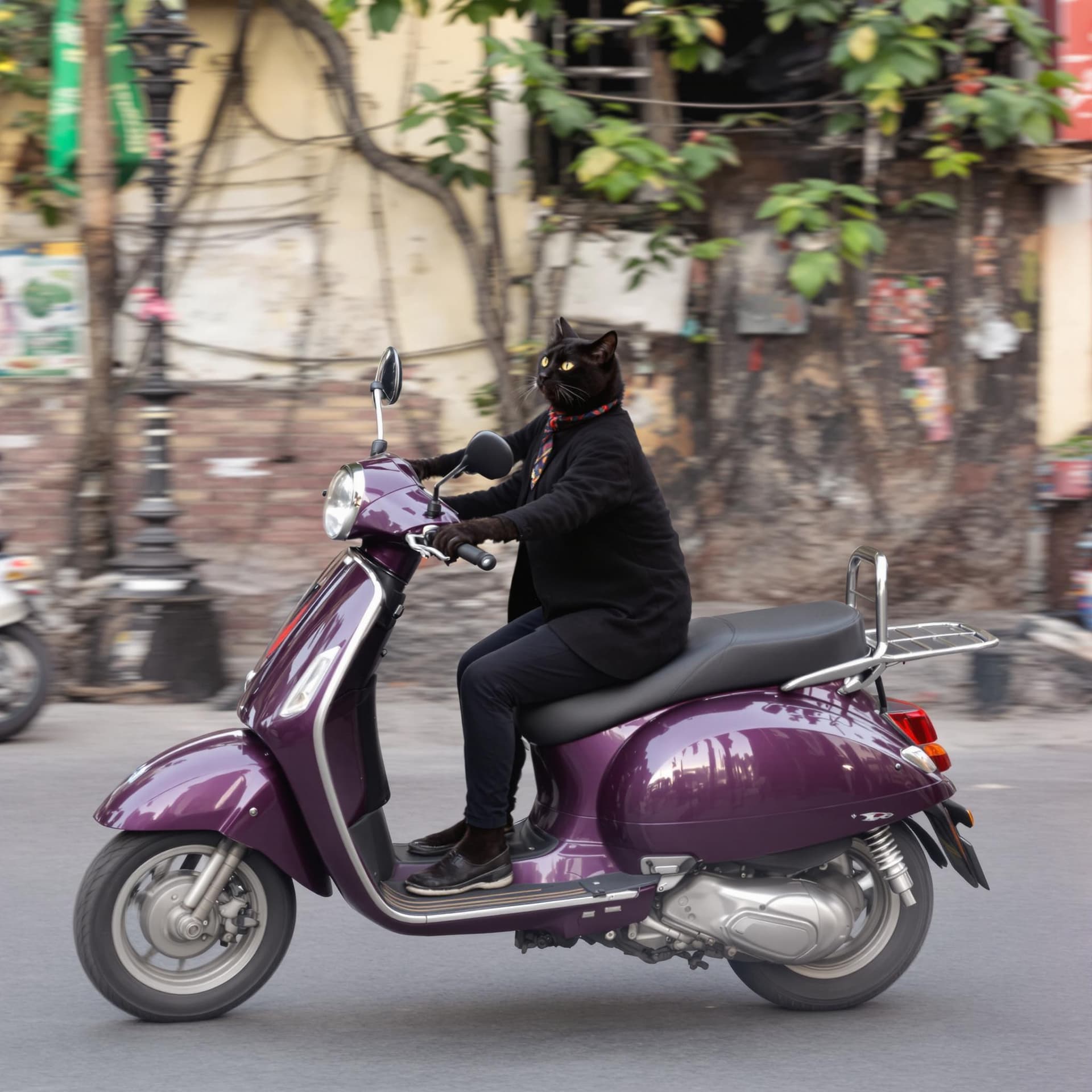 AI generated: A black cat driving a dark purple scooter in India