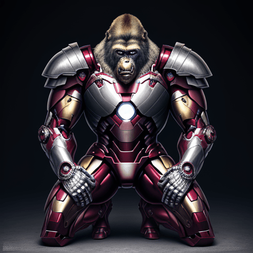 AI generated: kneeling Iron man gorilla knight, portrait, finely detailed armor, intricate design, silver, silk, c...