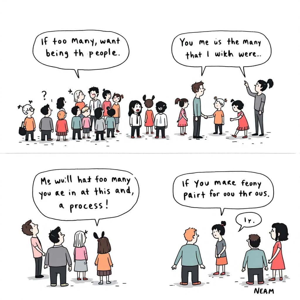 AI generated: A funny comic about an unorganized process with too many people being part of the process