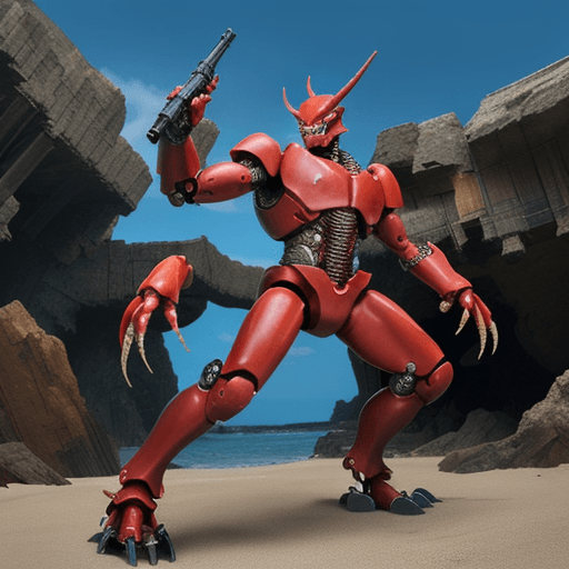 AI generated: A red crab with a detachable mechanical claw holding a machine gun, standing in a battle-ready pose....