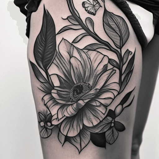 AI generated: Thigh tattoo, flowers, snakes, black and white, leaves with black fill, smooth transitions, floral p...