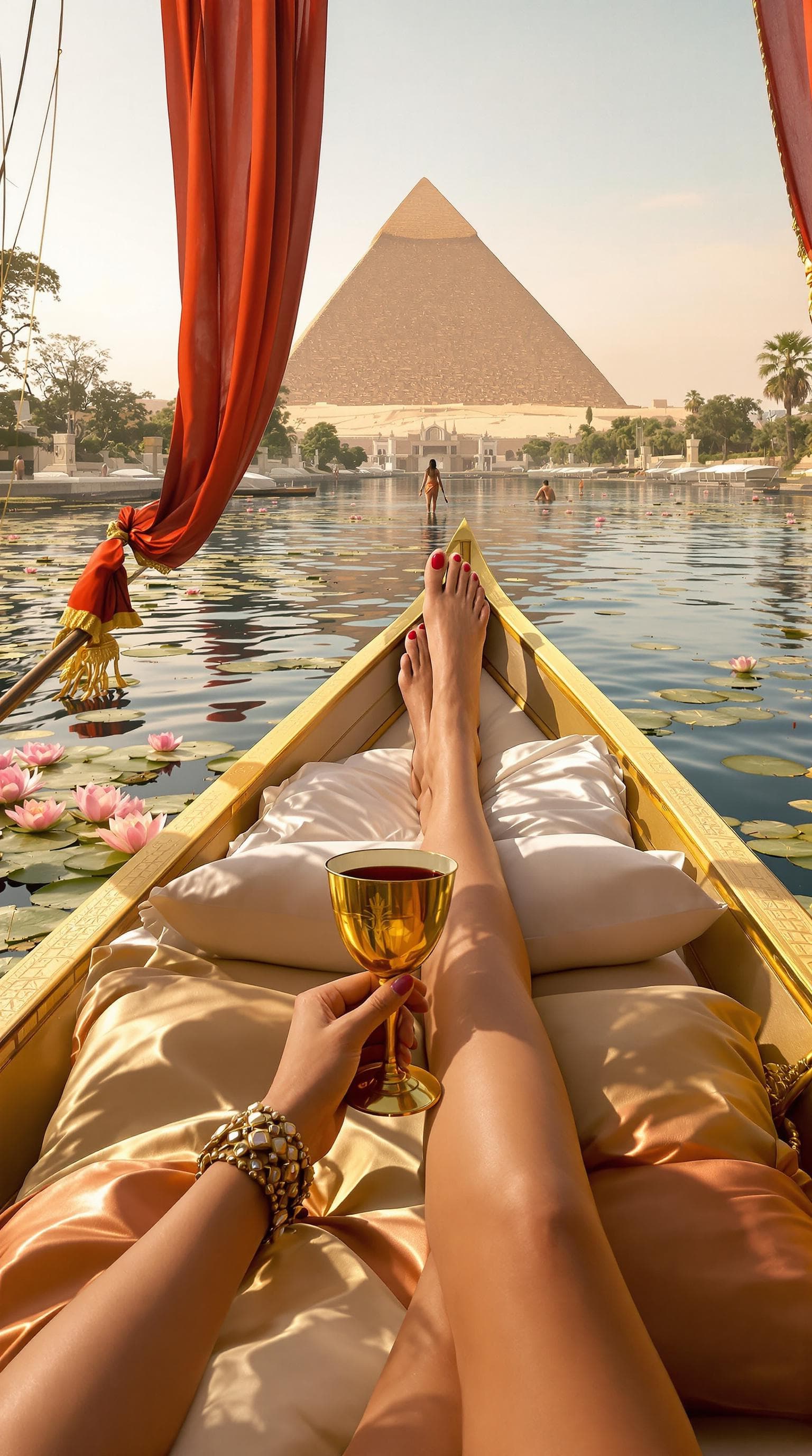 AI generated: A hyper-realistic first-person perspective of Cleopatra VII reclining on a silk-covered chaise aboar...