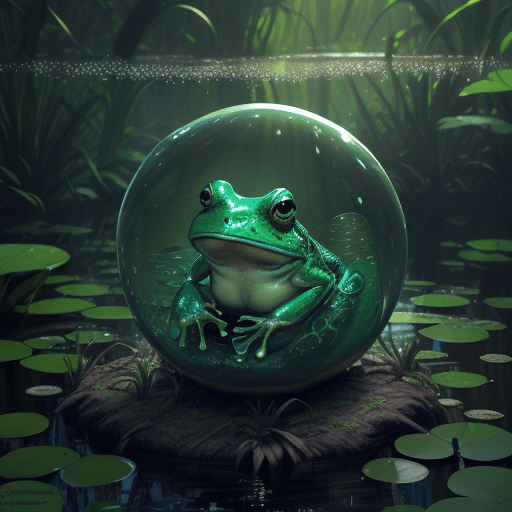 AI generated: Hyper realistic water level exterior photo of a swamp with bullfrog bubble breathing, dark fantasy, ...