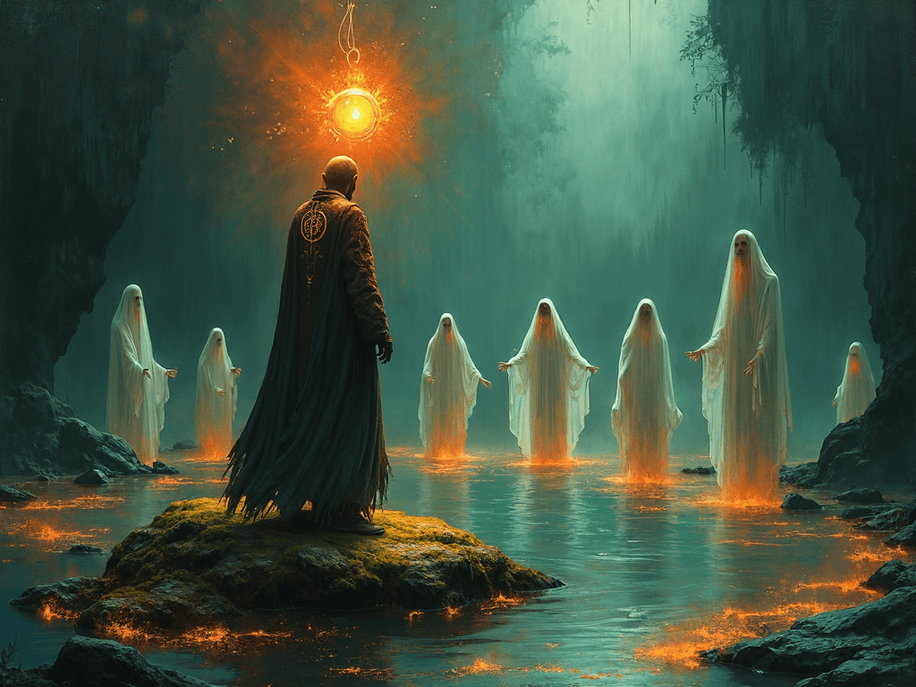AI generated:  An abstract, mystical painting of a man standing on a mossy rock in the center of a dark, luminesce...