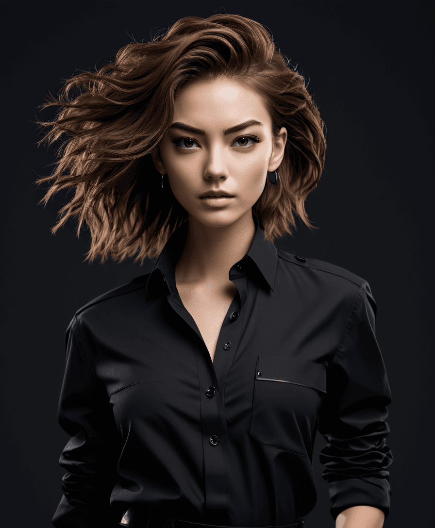 AI generated: techwear fashion {A portrait of a young woman in a chic black button-up shirt and slim trousers agai...