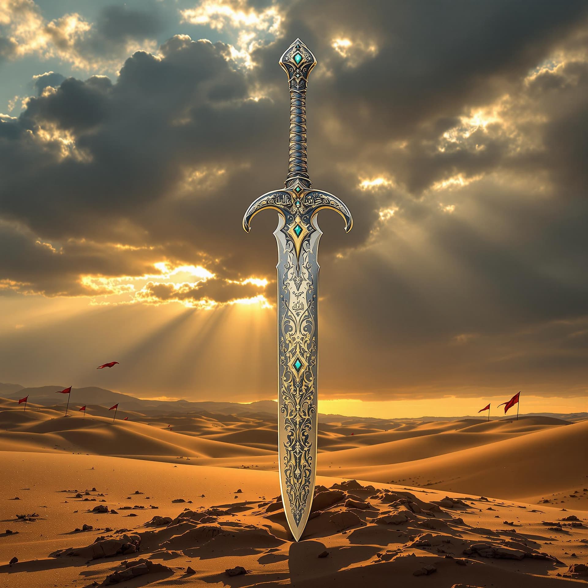 AI generated: A gleaming double-edged Zulfiqar sword with a curved blade stands upright in a desert landscape at g...