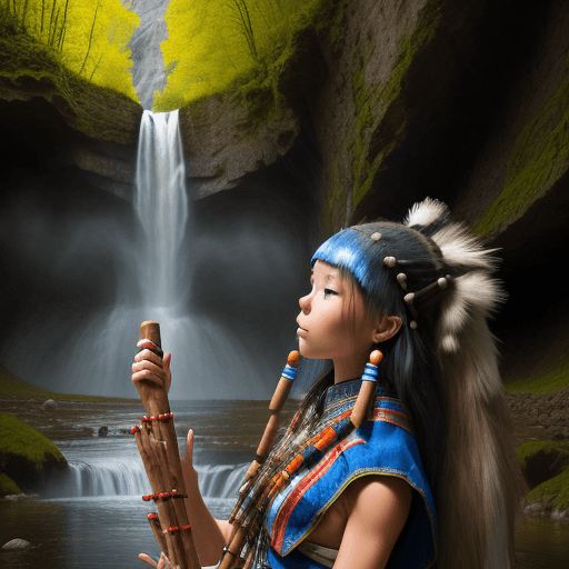 AI generated: Beautiful girl playing on shaman flute in the nature mountains, waterfall