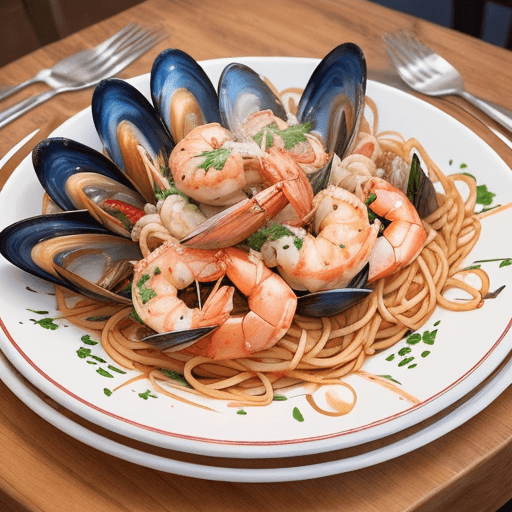 AI generated: A mouthwatering seafood spaghetti masterpiece. Only the pasta is a vivid magenta color, elegantly pl...