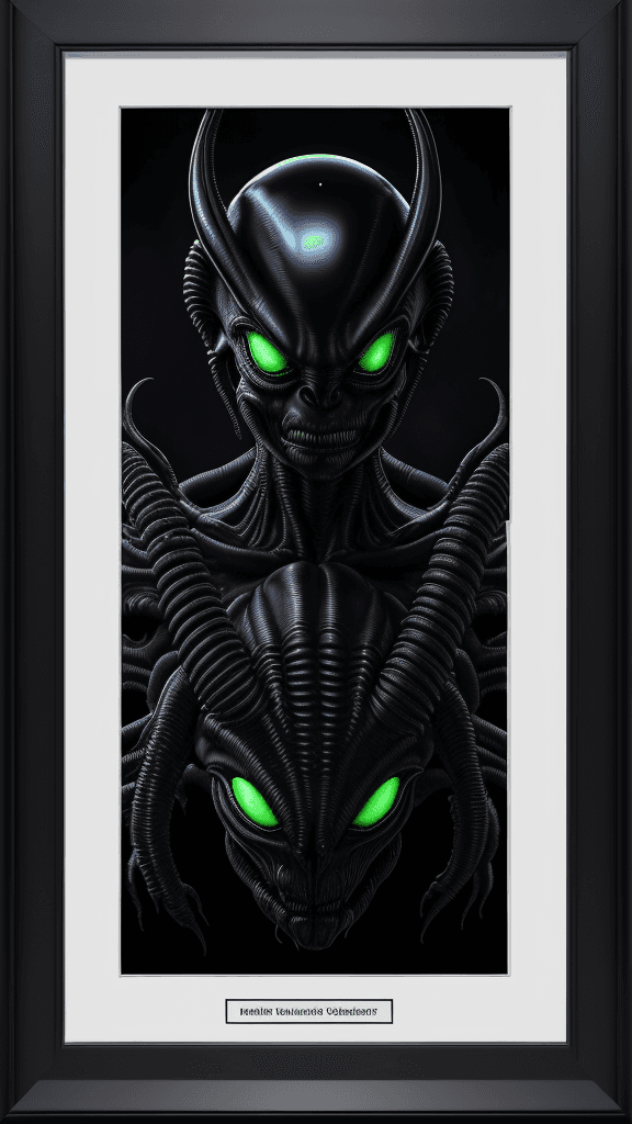 AI generated: "Alien-inducing Xenomorph RFKTR-style headshot framed((club card)):2.2 featuring H.R. Giger's master...
