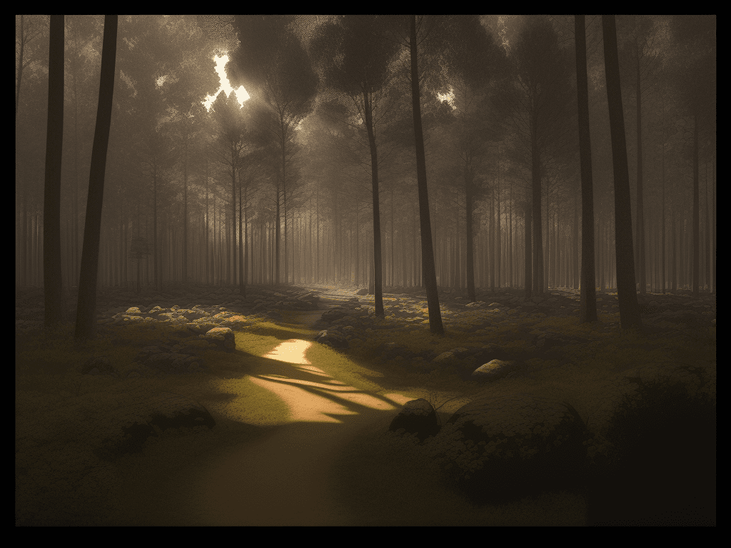 AI generated: Illustration of A panoramic view from a forest. Two-point perspective, Inwrought background, 80s ret...