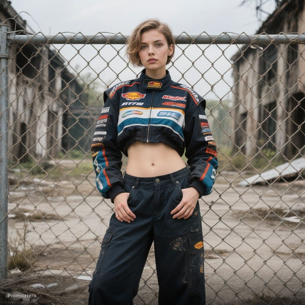 AI generated: Fashion photo of a Female model with boyish silhouette wearing cropped racing jacket and wide-leg pa...
