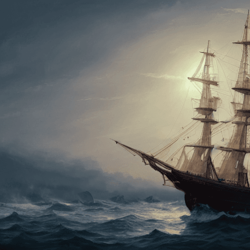AI generated: Painting of an ultra realistic sailing ship, dramatic light, pale sunrise, cinematic lighting, batte...