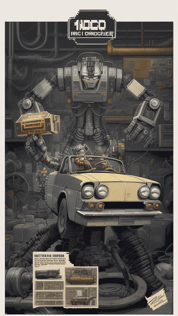 AI generated: mono pixelated poster, signed "101", a digital illustration of a robot mechanic fixing a car, highly...