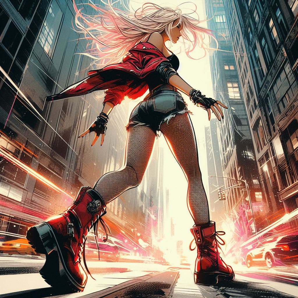 AI generated: aesthetic, painterly style, modern ink, urbanpunk, svelte young spiderwoman , combat boots, black je...