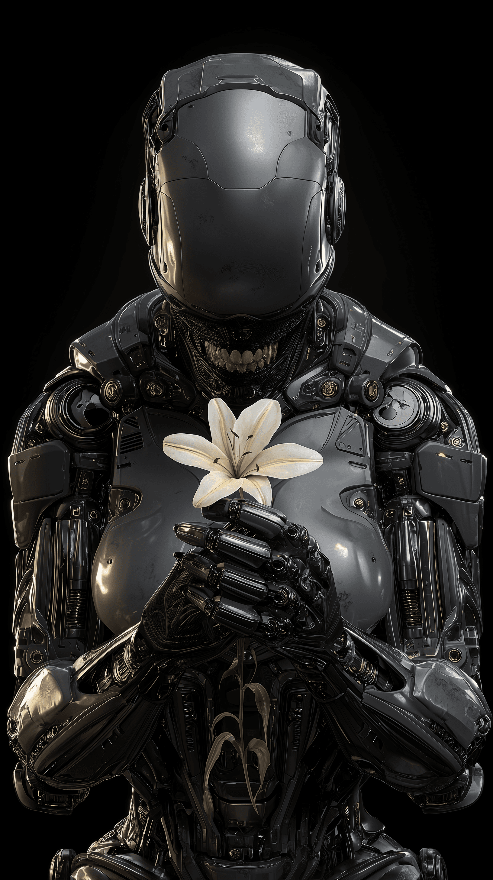 AI generated: realistic render, cyberpunk, front central view, upper-body, skeletal teeth and jaw, reflective blac...