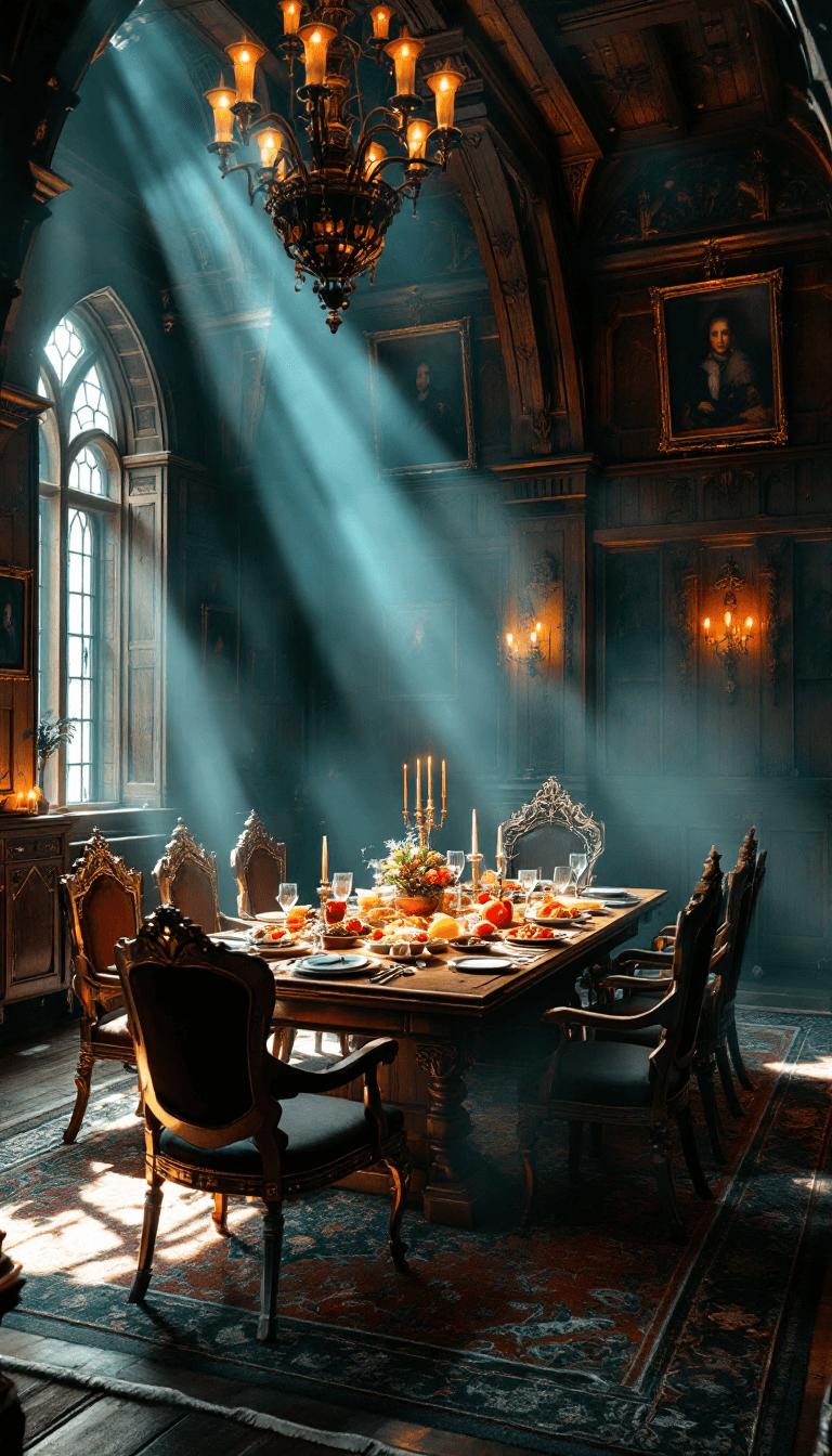 AI generated: photo of a dining room in an old big castle, wooden details, castle style dining table with big thro...