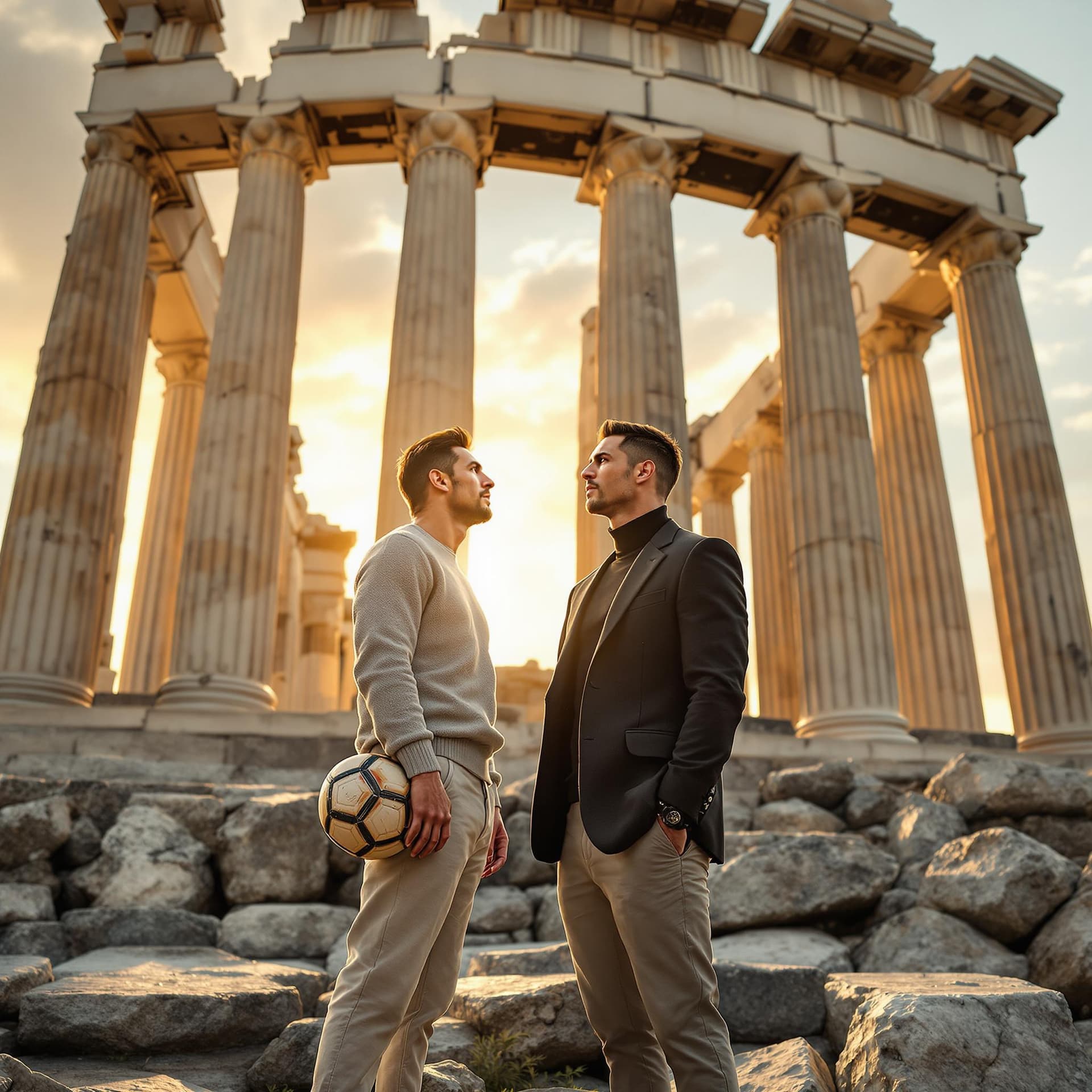 AI generated: Lionel Messi and Cristiano Ronaldo standing in front of the ancient ruins of an Olympic temple in Gr...