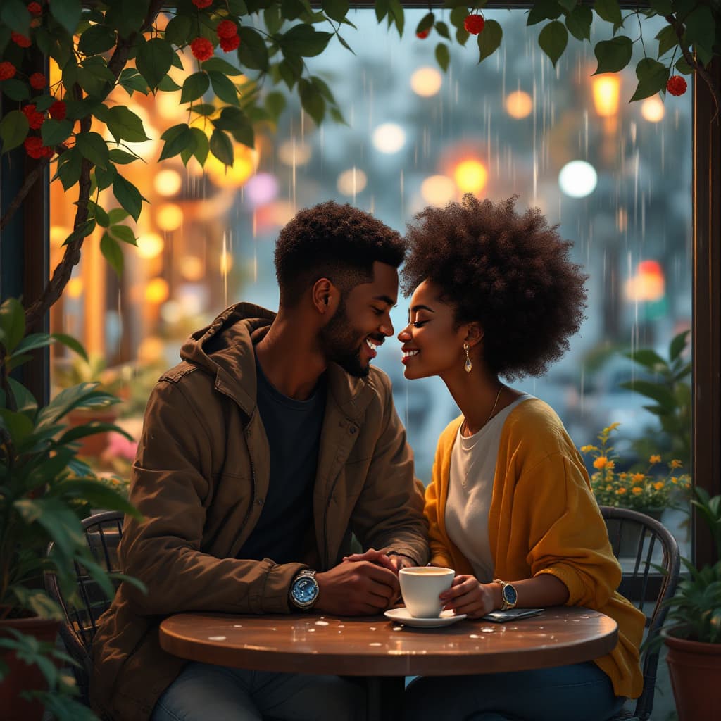 AI generated: Isolated on a solid white background. A romantic afro-american couple in a cozy cafe on a rainy afte...