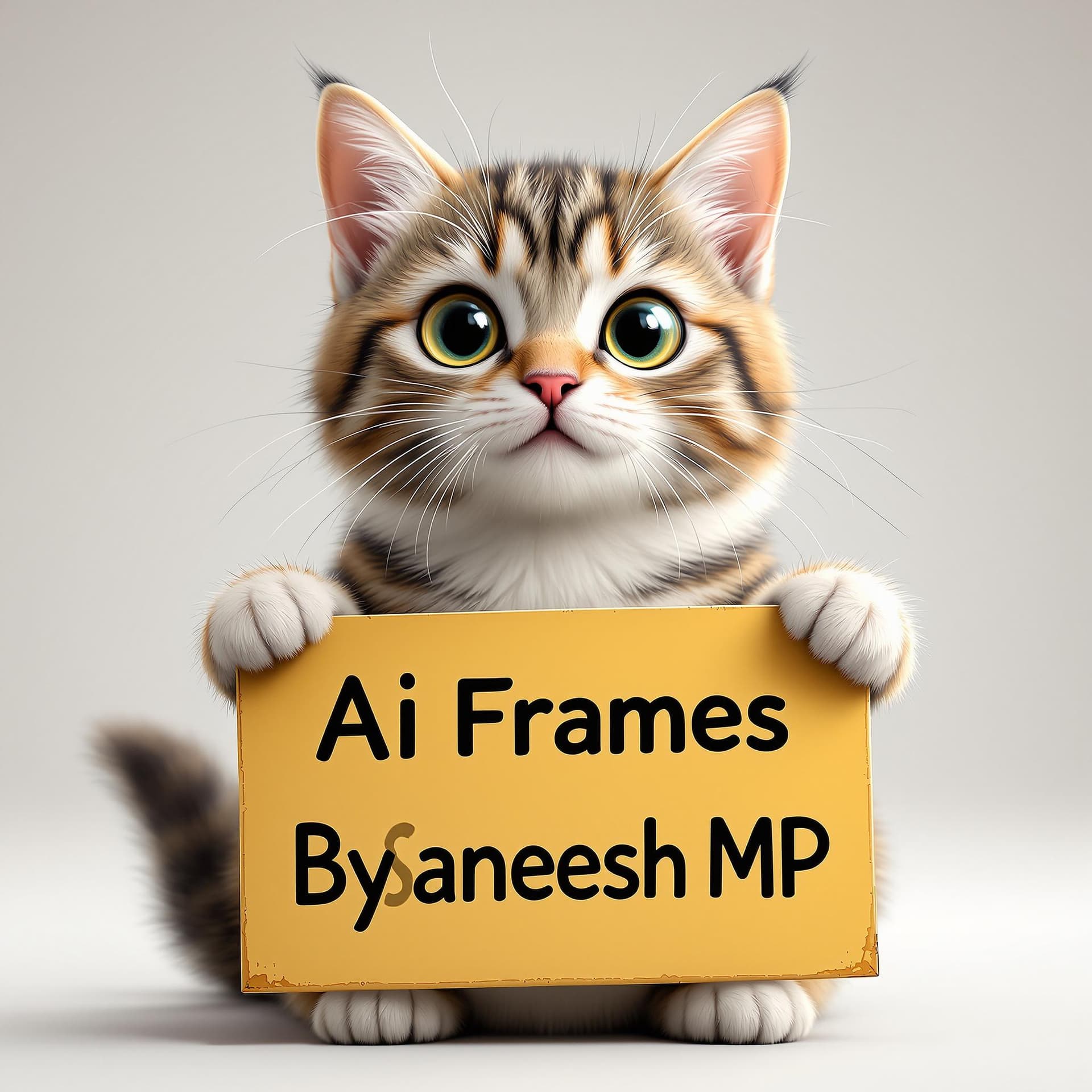 AI generated: realistic high quality photo of a cute cat holding a sign with text that reads : "Ai Frames By Sanee...