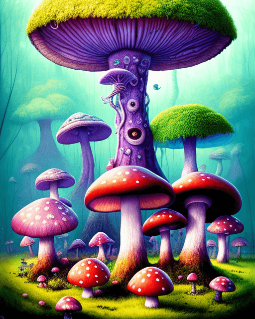 AI generated: Mushroom jungle on a mushroom planet, populated with mushroom people., fantasy art, seb mckinnon, st...