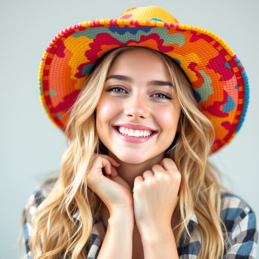 AI generated: happy blonde girl wearing a colorful hat, casual photo
