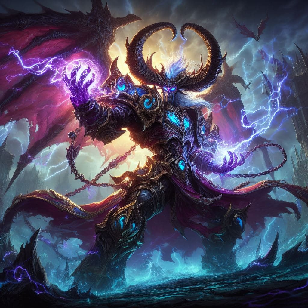 AI generated: a badass Illidan with magical effects, heavy damages, proud pose, epic composition, Ultrakill, Pragm...