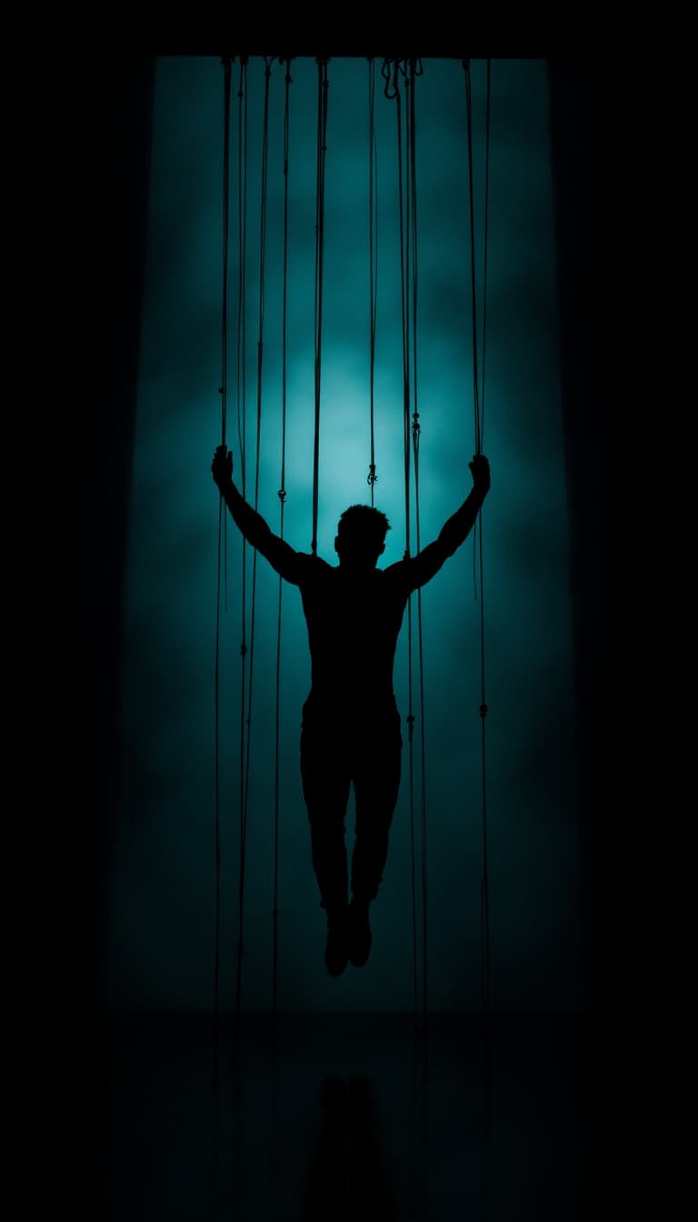 AI generated: silhouette of a man strung up by strings