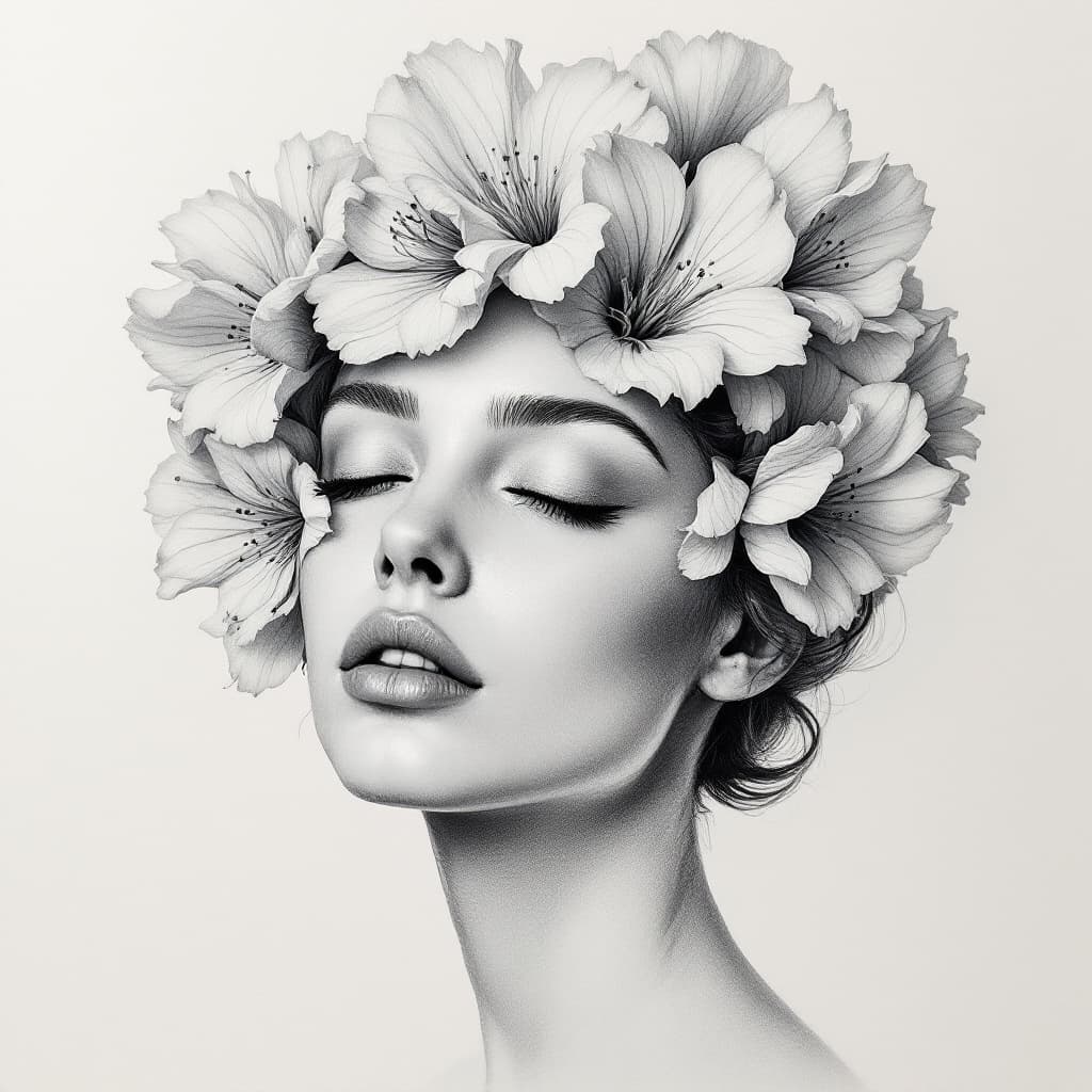 AI generated: Highly detailed pencil sketch of a serene human face partially merged with blooming flowers. Eyes ar...