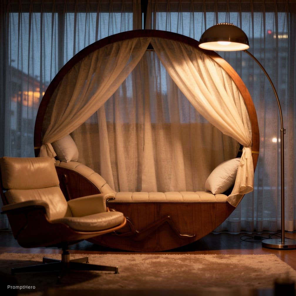 AI generated: mid-sized living room with a candid angle, dieter Rams 620 chair program, flos Arco floor lamp, Niko...