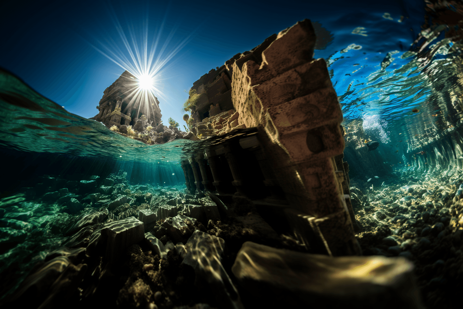 AI generated: color photo of an ancient temple discovered deep underwater, part of the lost city of Atlantis. The ...
