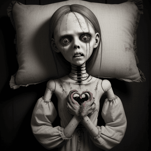 AI generated: Scary doll
Heart-shaped pillow head
Creepy appearance
Visible body
Disturbing features
Unsettling ga...