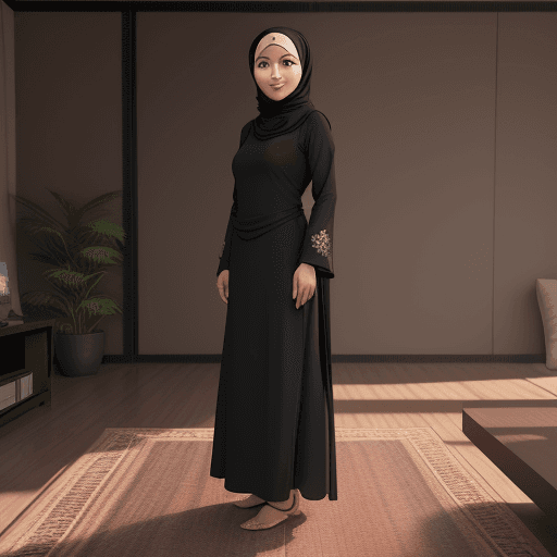 AI generated: 8k picture real, a Indonesian woman (((wearing a hijab:1.8))), wearing a black baju kurung, the back...