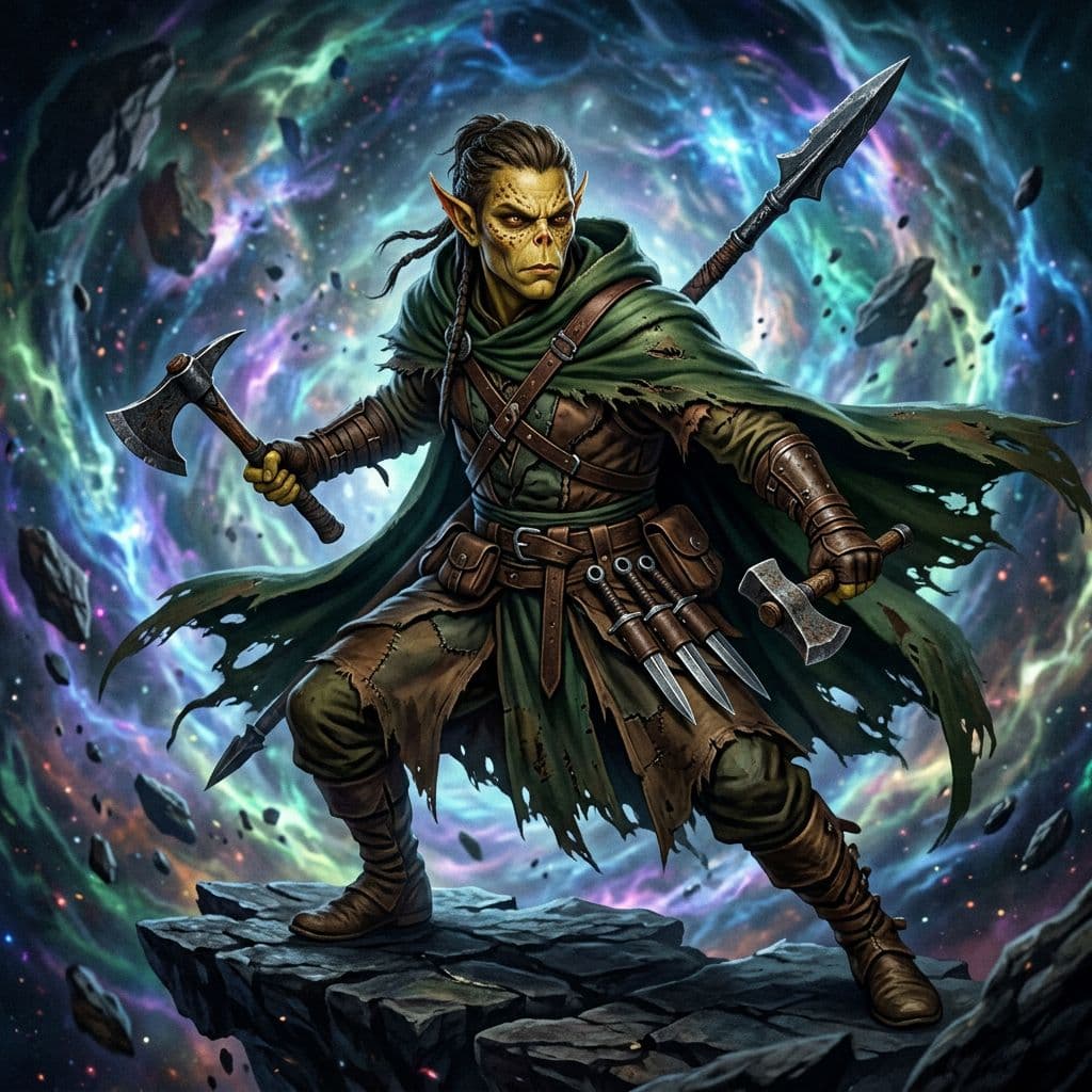 AI generated: male githzerai ranger wearing green hooded  cloak and tattered robes with spear strapped on back and...