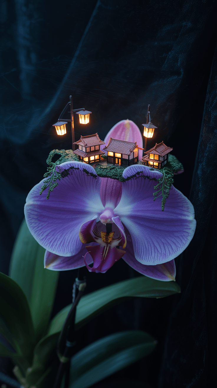 AI generated: Expressionismt,macro photography of a miniature little japanese village on top of a flower,dark noir...