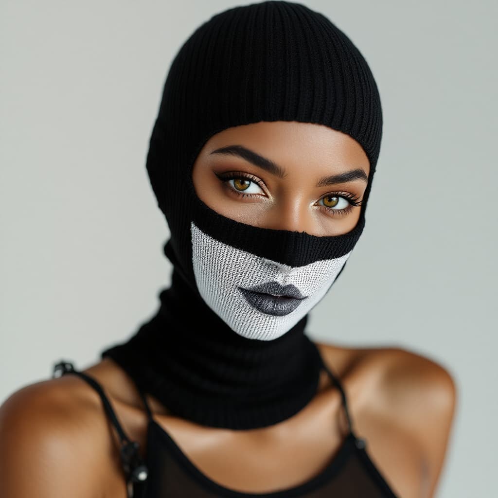 AI generated: photo portrait of a woman wearing a ribbed knit mask, in the style of a black cotton, with a chimpaz...