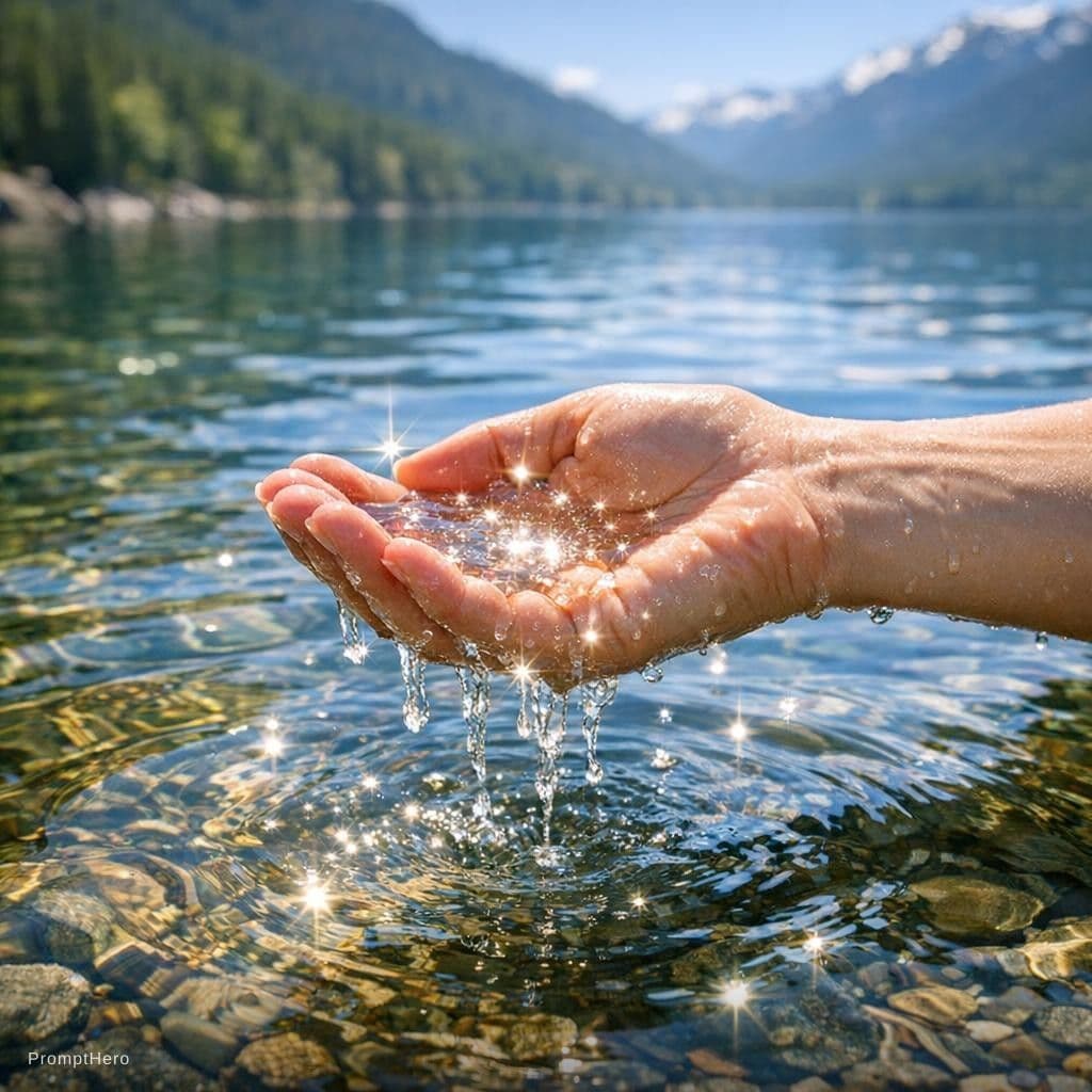 AI generated: pristine lake water, with hand cupped and sunflares, magic sparkles, ultra relaistic