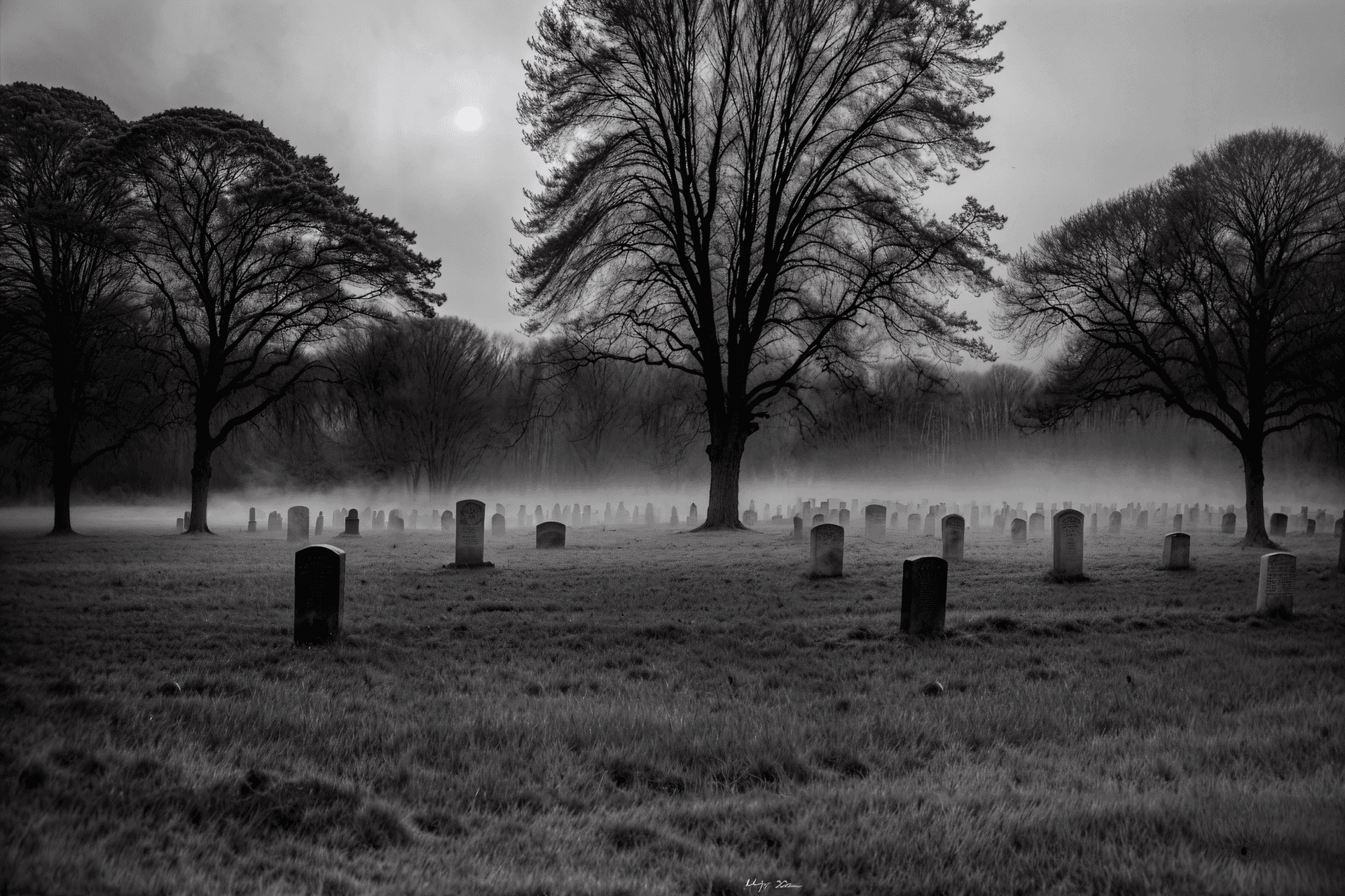 AI generated: Masterpiece, Stunning, Best quality, a Black and White Photo, a Haunted Graveyard, dramatic Shot. dy...