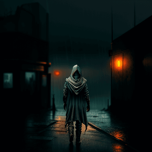 AI generated: Realistic image of post-apocalyptic city. Hooded person from the back. Rain, evening
