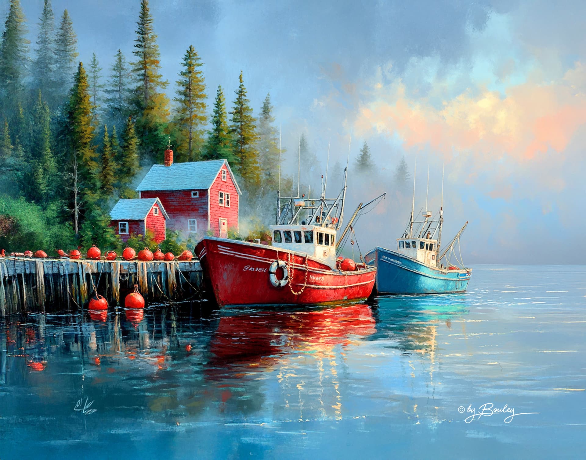 AI generated: Photo-realistic of two lobster fishing boats in the harbor, New England coastal landscape with coast...