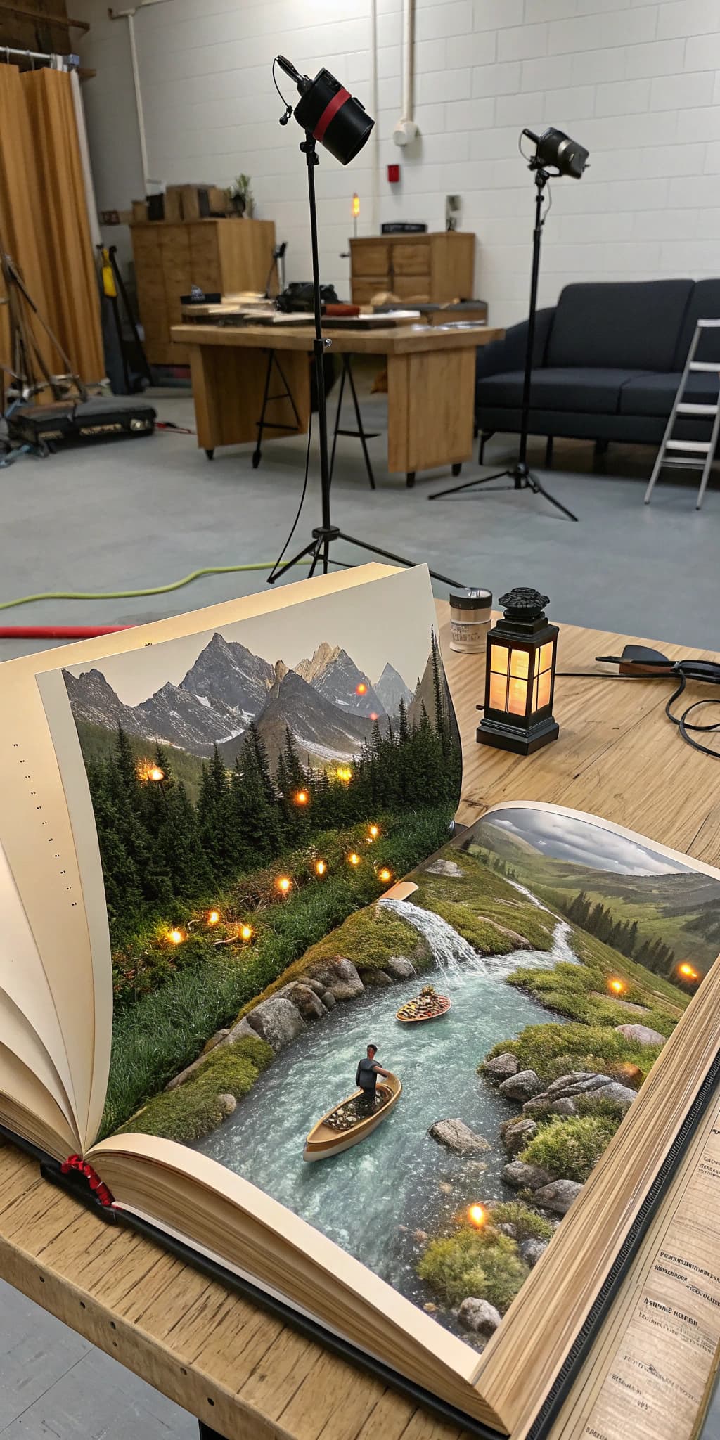 AI generated: An open book on a wooden desk unfolds a miniature landscape: mountains and rivers flow from the page...