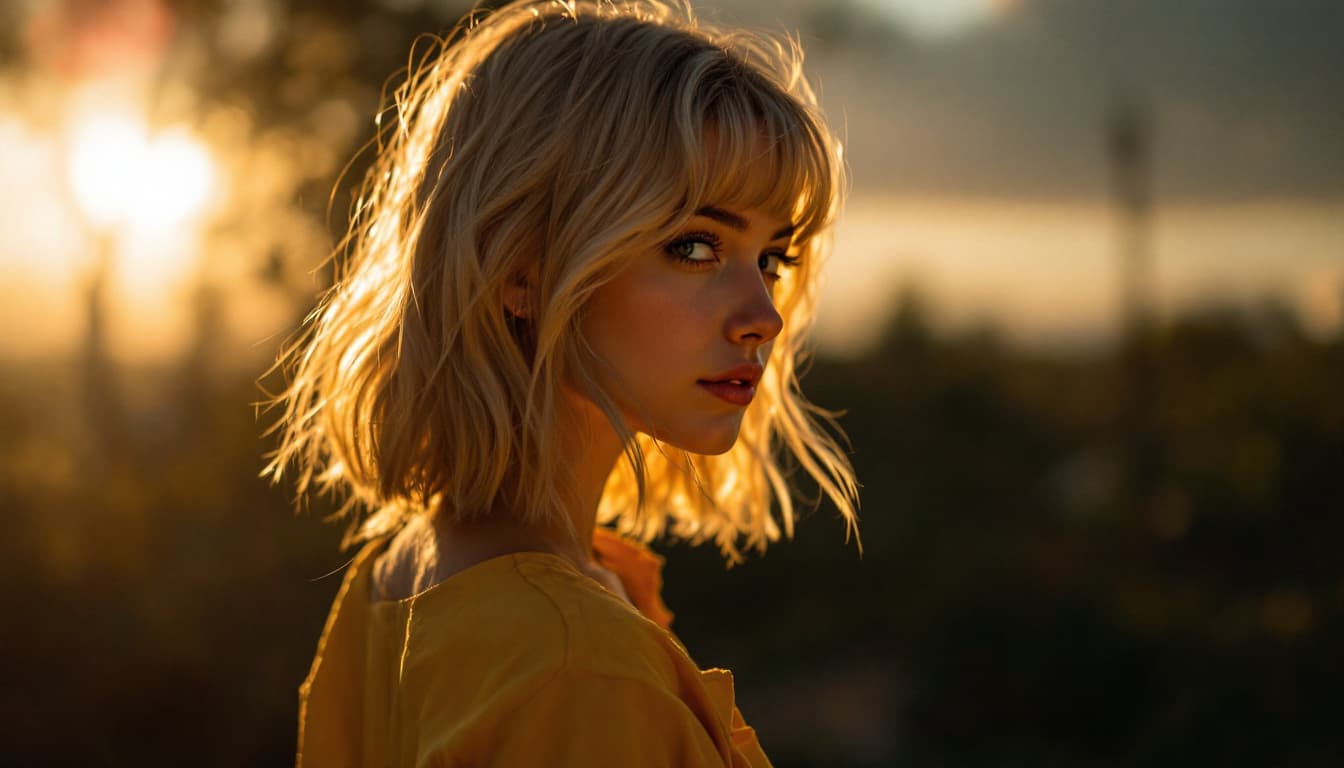 AI generated: blond girl in a yellow shirt is posing, soft, atmospheric lighting --chaos 33 --ar 1:2 --profile yru...