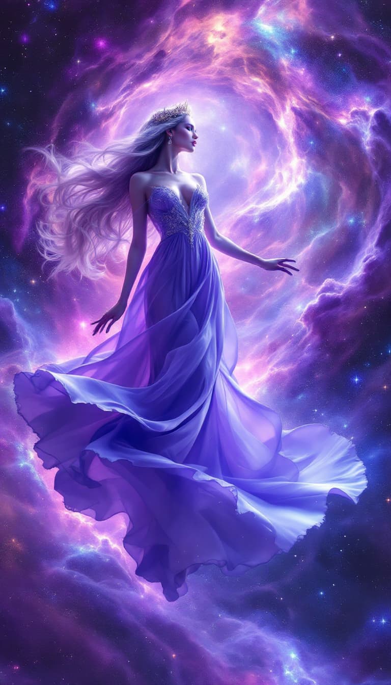 AI generated: "Amethyst Empress in a Cosmic Nebula": A regal empress is posed against a vibrantly textured backdro...