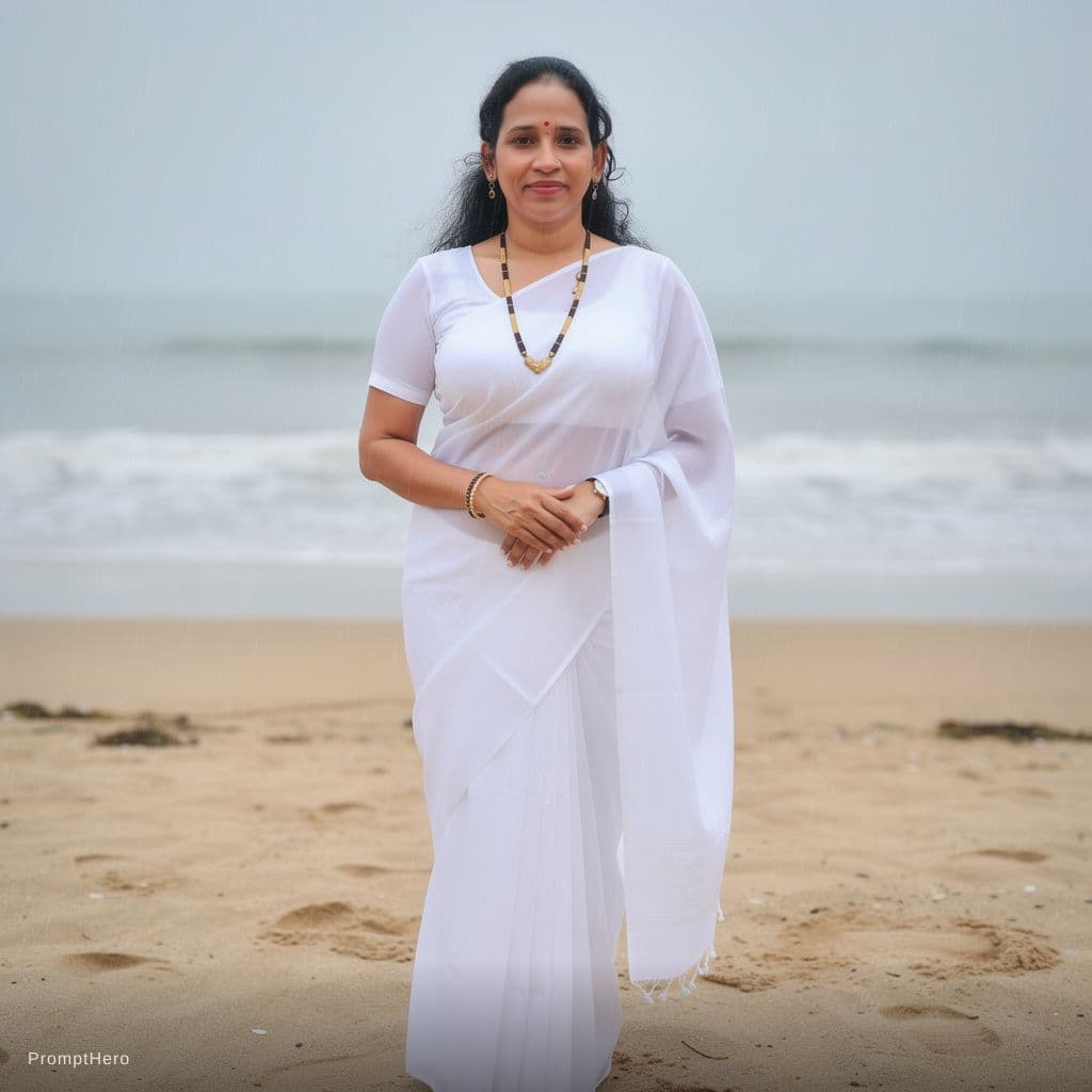 AI generated: Generate image with wet white trasparent saree in rain with beach background
