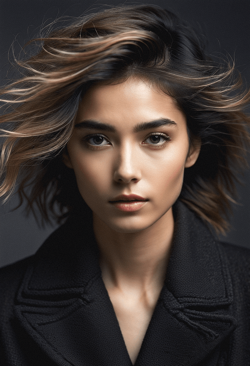 AI generated: A portrait of  a woman with windswept hair and a gaze that pierces through the grayscale. Her eyes h...
