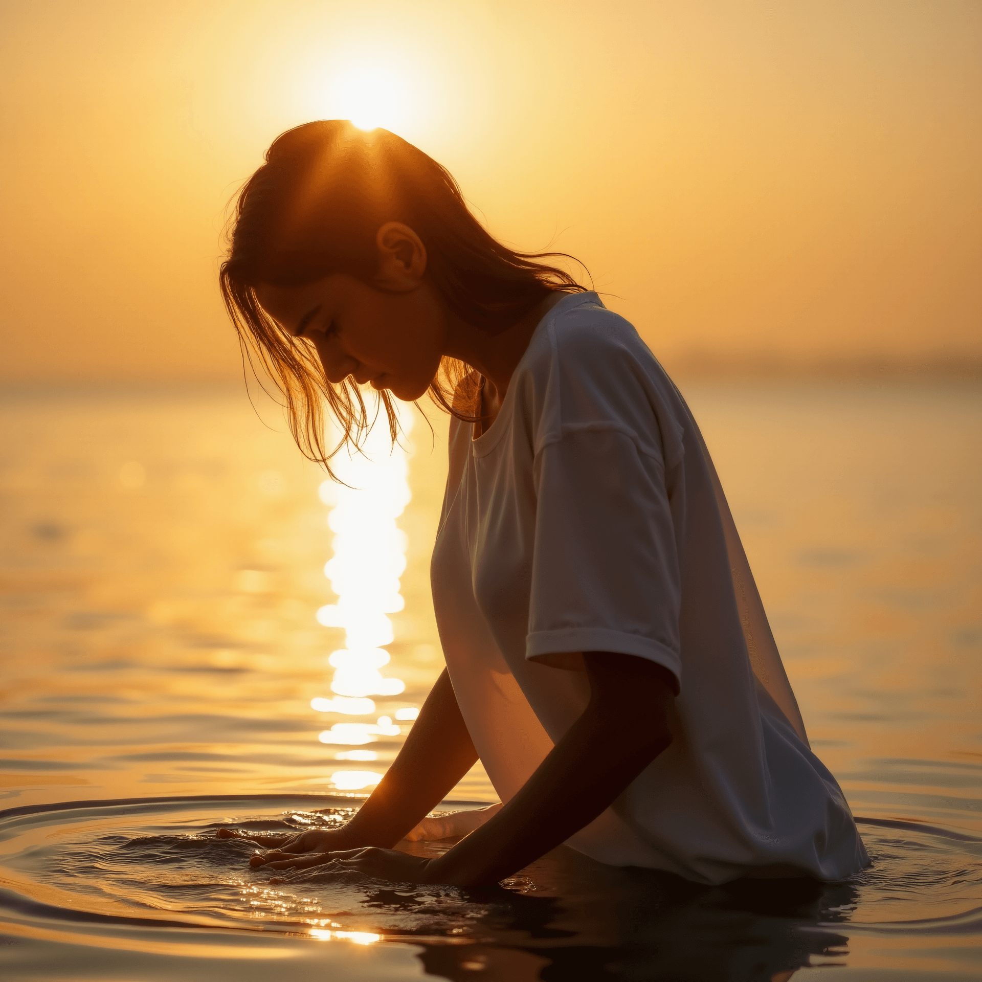 AI generated: sideshot photo of a woman bending over in shallow water during sunset, sun shining through thin over...