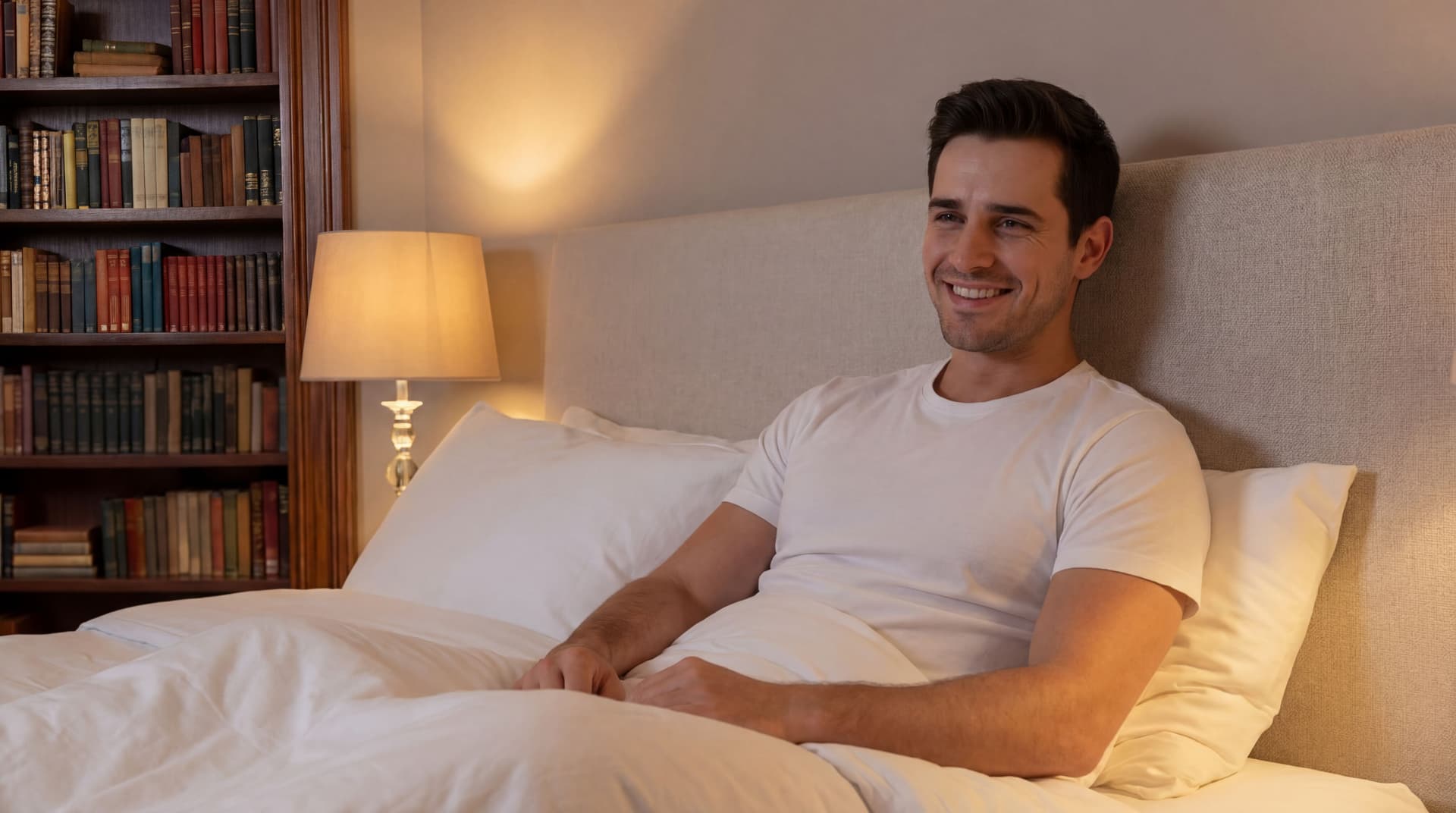 AI generated: The model is in bed under the covers. 
He is in a sat up position.  He is wearing a white t-shirt sh...
